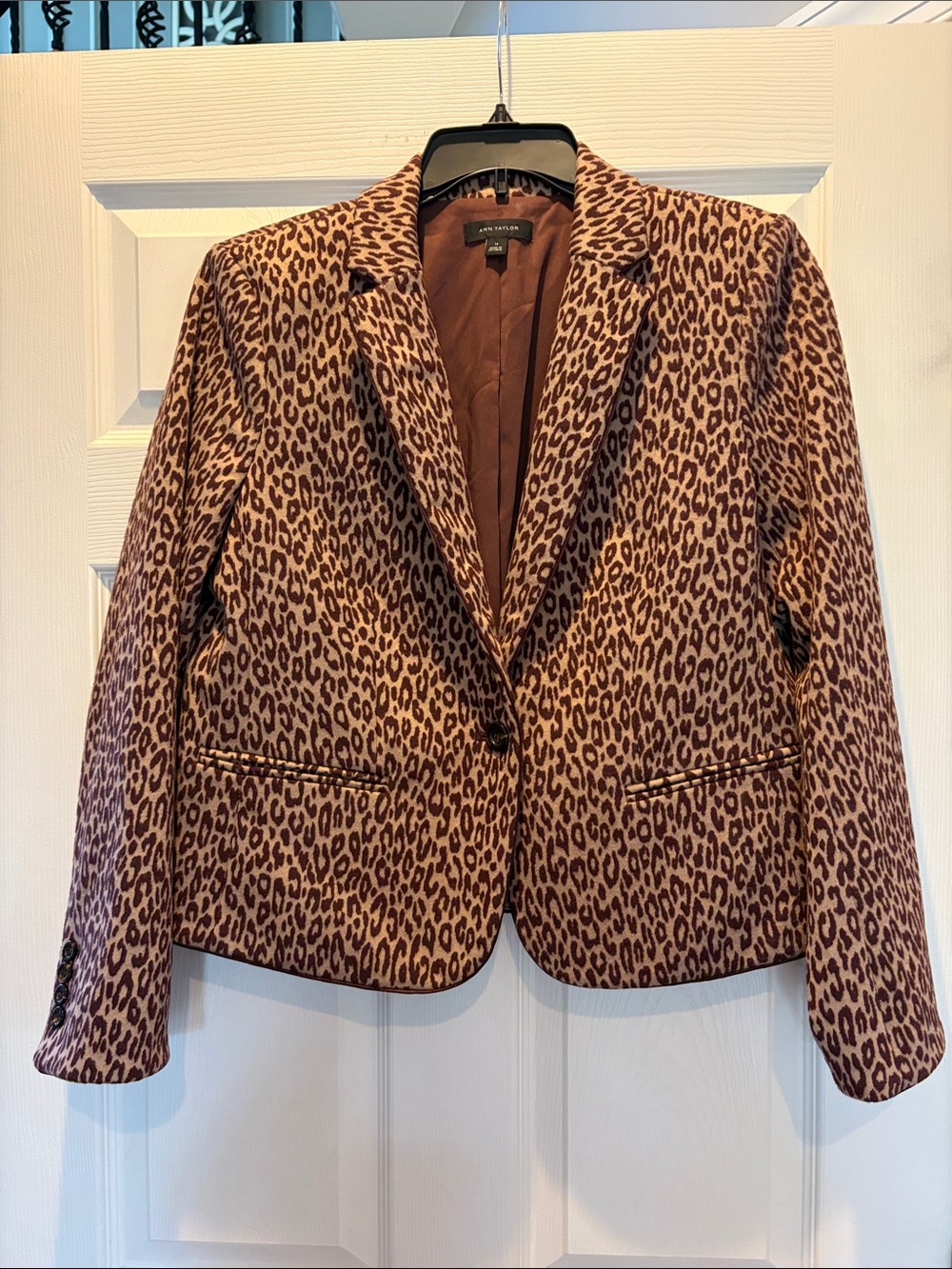 Ann Taylor Leopard Print Blazer Brown Contrast Piping Tailored One Button Jacket